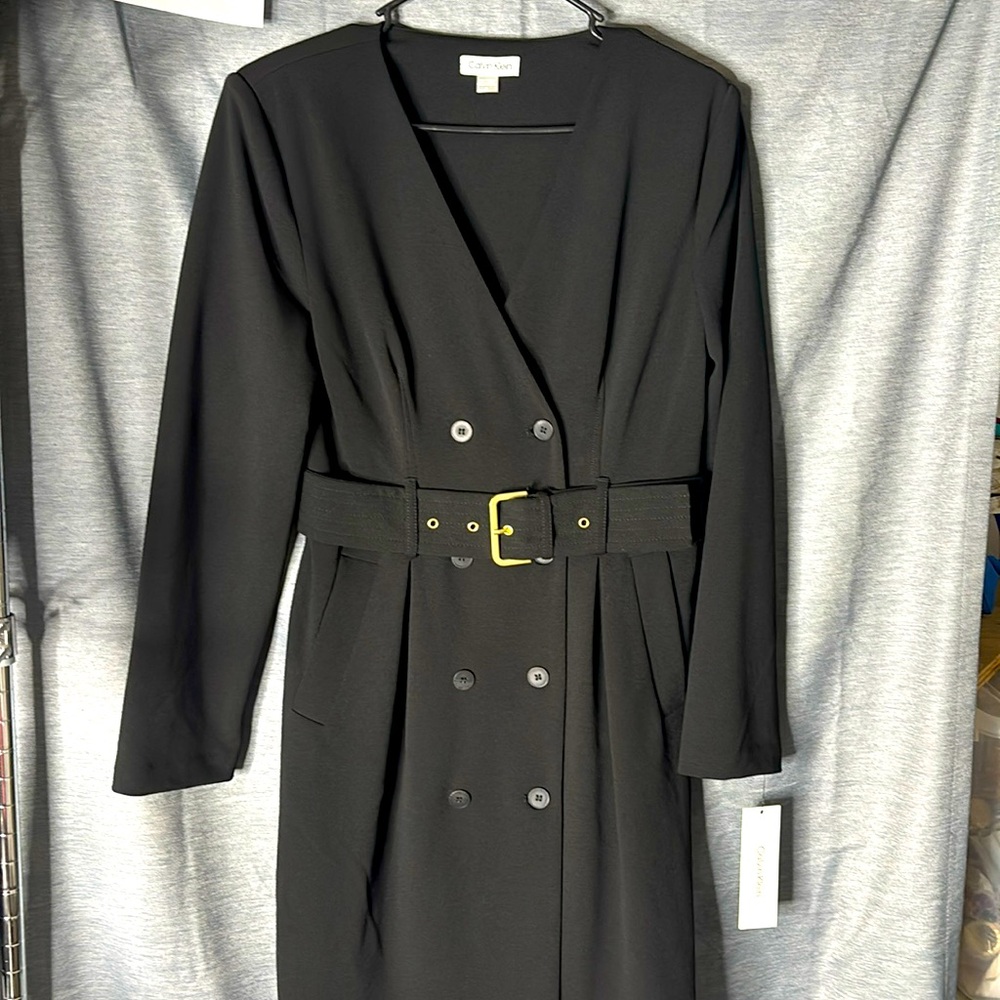 Black Calvin Klein Belt Dress with gold embellishment and buttons